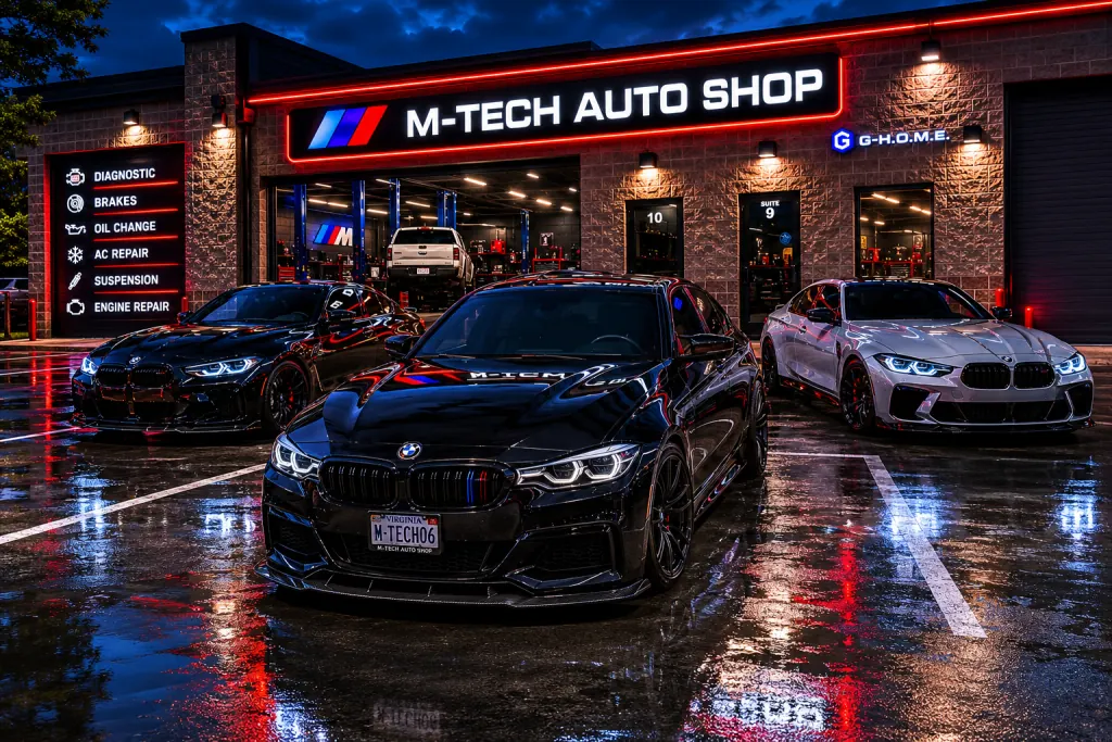 M-Tech Auto Shop exterior with multiple cars parked outside at night