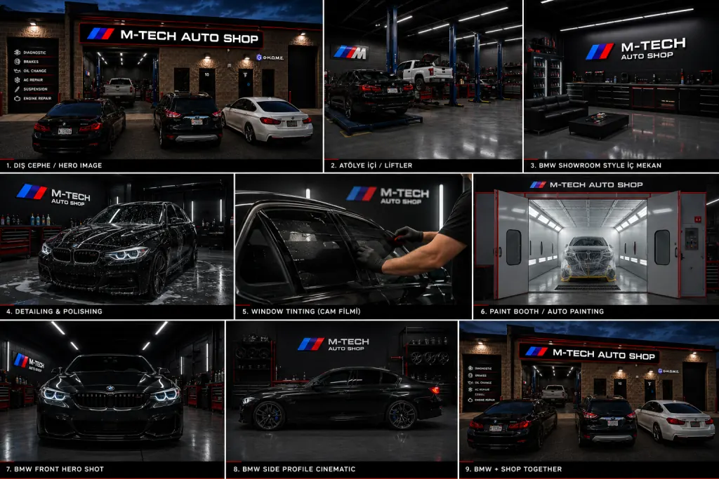 M-Tech Auto Shop service gallery board featuring detailing, tint, and paint booth visuals