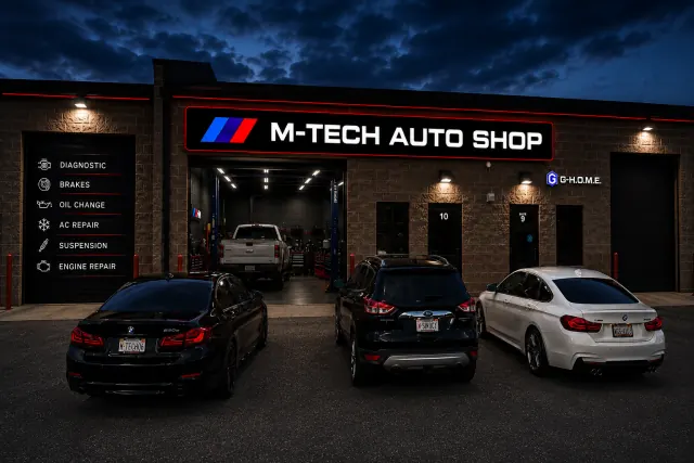M-Tech Auto Shop storefront with vehicles parked in front
